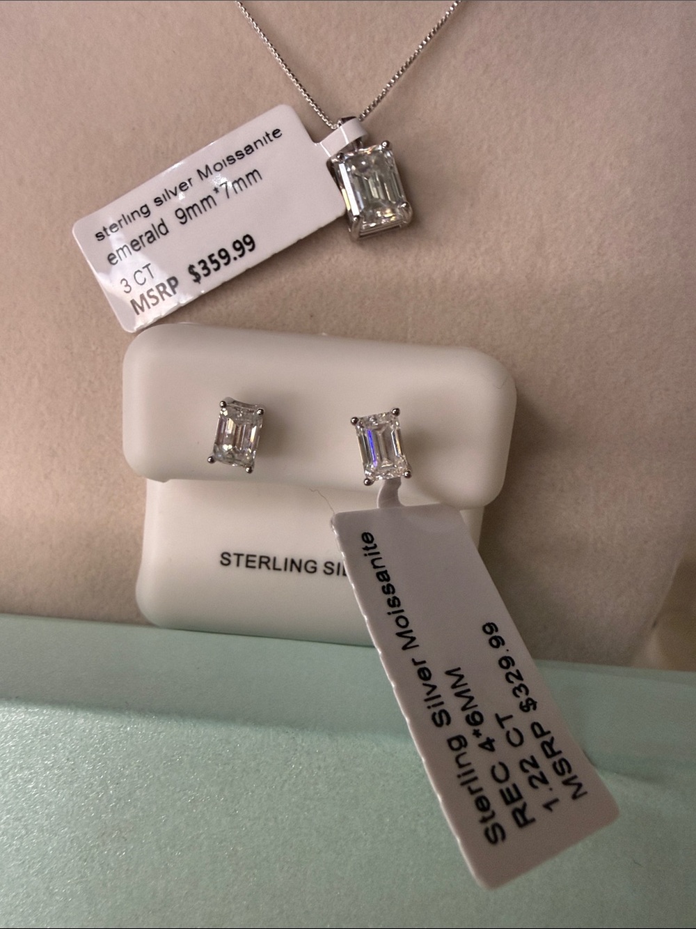 925 Sterling Silver Emerald-Cut Moissanite Necklace and Earrings Set MSRP $690